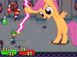 Size: 625x468 | Tagged: safe, imported from derpibooru, scootaloo, luigi, mario, mario & luigi, mario & luigi: superstar saga, super mario bros.
