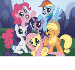 Size: 813x753 | Tagged: safe, artist:curtsibling, edit, imported from derpibooru, applejack, fluttershy, pinkie pie, rainbow dash, rarity, twilight sparkle, mane six, mane six opening poses, nightmare fuel, teeth