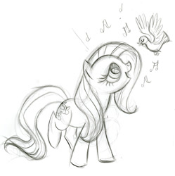 Size: 900x903 | Tagged: safe, artist:lauren faust, imported from derpibooru, fluttershy, posey, bird, earth pony, pony, behind the scenes, color me, concept art, earth pony fluttershy, female, g1, g1 to g4, g4, generation leap, grayscale, mare, monochrome, race swap, singing, what could have been, wingless