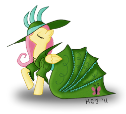 Size: 660x600 | Tagged: safe, artist:pinwheel-princess, imported from derpibooru, fluttershy, pegasus, pony, clothes, dress, female, french haute couture, hat, mare, simple background, solo, transparent background