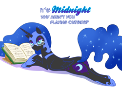Size: 1500x1100 | Tagged: safe, artist:madmax, imported from derpibooru, nightmare moon, alicorn, pony, book, butt, dialogue, eyeshadow, female, glasses, helmet, hoof shoes, looking at you, makeup, mare, peytral, plot, prone, reading, solo, stupid sexy nightmare moon