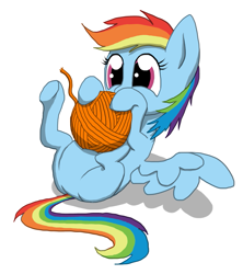 Size: 711x800 | Tagged: safe, artist:kreggur, artist:omnifob, imported from derpibooru, rainbow dash, pegasus, pony, behaving like a cat, cute, dashabetes, female, filly, filly rainbow dash, simple background, solo, white background, yarn ball, younger