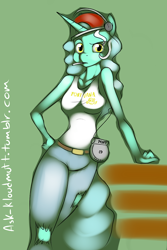 Size: 500x750 | Tagged: safe, artist:kloudmutt, imported from derpibooru, lyra heartstrings, anthro, unicorn, '90s, cap, cd player, female, hat, headphones, looking at you