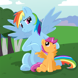 Size: 1000x1000 | Tagged: safe, artist:kayla-san, imported from derpibooru, rainbow dash, scootaloo, scootalove, story included