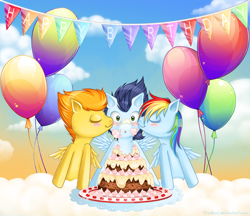 Size: 2184x1887 | Tagged: safe, artist:tinuleaf, imported from derpibooru, rainbow dash, soarin', spitfire, birthday, blushing, cake, cheek kiss, female, kiss on the cheek, kiss sandwich, kissing, lucky bastard, male, polyamory, shipping, soarin' gets all the mares, soarindash, soarindashfire, soarinfire, straight