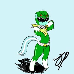Size: 500x500 | Tagged: artist needed, safe, imported from derpibooru, lyra heartstrings, pony, unicorn, 30 minute art challenge, bipedal, blue background, clothes, costume, female, green ranger, missing horn, power rangers, simple background, solo