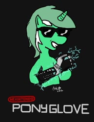 Size: 500x649 | Tagged: artist needed, safe, imported from derpibooru, lyra heartstrings, pony, unicorn, '80s, 1980's, clothes, dark background, female, gloves, grin, nintendo, parody, power glove, smiling, solo, sunglasses