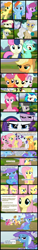 Size: 1500x10000 | Tagged: safe, artist:foxy-noxy, imported from derpibooru, apple bloom, applejack, berry punch, berryshine, bon bon, carrot top, derpy hooves, dj pon-3, fluttershy, golden harvest, granny smith, lyra heartstrings, mayor mare, octavia melody, pinkie pie, rainbow dash, rarity, roseluck, scootaloo, sweetie belle, sweetie drops, trixie, twilight sparkle, vinyl scratch, earth pony, pegasus, pony, unicorn, putting your hoof down, applejack's hat, bipedal, cape, clothes, comic, cowboy hat, cutie mark crusaders, eyes closed, female, filly, floppy ears, hat, hug, mare, nose in the air, open mouth, stare, stare down, staring contest, trixie's cape, trixie's hat