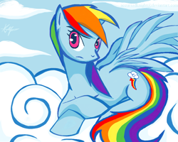 Size: 800x640 | Tagged: safe, artist:accursedknight, imported from derpibooru, rainbow dash, pegasus, pony, cloud, female, mare, prone, signature, sky, solo