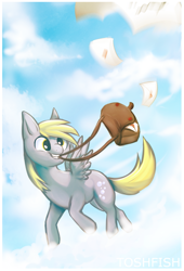 Size: 1433x2111 | Tagged: safe, artist:toshf, imported from derpibooru, derpy hooves, pegasus, pony, bag, cloud, cloudy, female, letter, mail, mare, mouth hold, saddle bag, solo