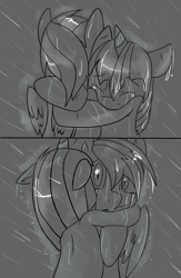 Size: 650x1000 | Tagged: safe, artist:lustrous-dreams, imported from derpibooru, rainbow dash, twilight sparkle, crying, female, hug, lesbian, rain, sad, shipping, twidash, wet mane