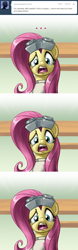 Size: 640x2042 | Tagged: safe, artist:giantmosquito, imported from derpibooru, fluttershy, pegasus, pony, ask, ask-dr-adorable, clothes, comic, female, goggles, lab coat, reaction image, solo, tumblr