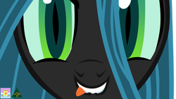 Size: 1280x720 | Tagged: safe, artist:yourfavoritesenpai, imported from derpibooru, queen chrysalis, changeling, changeling queen, biting, close-up, female, lip bite, looking at you, signature, solo, tongue bite, tongue out