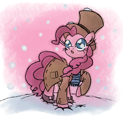 Size: 1806x1707 | Tagged: safe, artist:leadhooves, imported from derpibooru, pinkie pie, pony, clothes, female, hat, scarf, snow, snowfall, solo, top hat