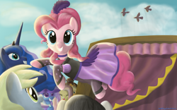 Size: 3000x1875 | Tagged: safe, artist:deathpwny, imported from derpibooru, applejack, derpy hooves, fluttershy, pinkie pie, princess luna, trixie, pegasus, pony, female, mare, saloon dress, saloon pinkie