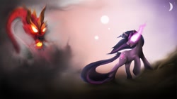 Size: 841x475 | Tagged: safe, artist:the-raincloud, imported from derpibooru, twilight sparkle, dragon, pony, unicorn, female, glowing eyes, mare, moon, smoke