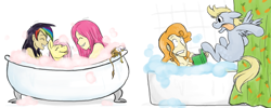 Size: 1702x678 | Tagged: safe, artist:cartoonlion, imported from derpibooru, carrot top, derpy hooves, fluttershy, gilda, golden harvest, pinkie pie, rainbow dash, oc, oc:futashy, futaverse, bath, bathtub, book, claw foot bathtub, futa, futa fluttershy, gildakeet, humanized, intersex, jumping