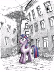 Size: 3510x4644 | Tagged: safe, artist:mcstalins, imported from derpibooru, twilight sparkle, pony, unicorn, absurd resolution, city, female, partial color, pony on earth, russia, saint petersburg, solo, style emulation, traditional art