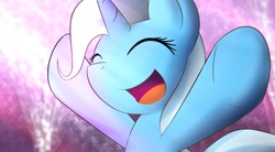 Size: 1960x1080 | Tagged: safe, artist:dshou, imported from derpibooru, trixie, :d, ^^, abstract background, bust, eyes closed, happy, hooves in air, missing accessory, open mouth, open smile, smiling, solo, y pose