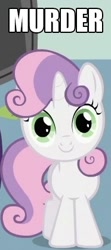 Size: 186x418 | Tagged: safe, imported from derpibooru, sweetie belle, pony, c:, dissonant caption, female, head tilt, image macro, looking at you, murder, one word, smiling, solo, text