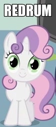 Size: 186x418 | Tagged: safe, imported from derpibooru, sweetie belle, pony, c:, female, head tilt, image macro, looking at you, murder, one word, redrum, smiling, solo, the shining