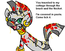 Size: 357x278 | Tagged: safe, artist:echidnajoe, artist:vinny van yiffy, imported from derpibooru, zecora, pony, zebra, dialogue, ear piercing, earring, female, jewelry, pasta, piercing, quadrupedal, simple background, solo, spaghetti, text, wat, white background