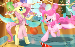 Size: 3000x1878 | Tagged: dead source, safe, artist:skykain, artist:xcopyen002, imported from derpibooru, fluttershy, pinkie pie, pony, apron, balloon, bipedal, blushing, clothes, cupcake, duo, food, hat