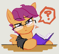 Size: 700x642 | Tagged: safe, artist:moronsonofboron, imported from derpibooru, scootaloo, pony, book, female, glasses, hipster, hipsterloo, solo