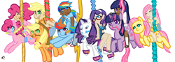 Size: 1262x450 | Tagged: safe, artist:mt, imported from derpibooru, applejack, fluttershy, pinkie pie, rainbow dash, rarity, twilight sparkle, human, bridle, carousel, dark skin, glasses, human ponidox, humanized, mane six, merry-go-round, saddle, sidesaddle