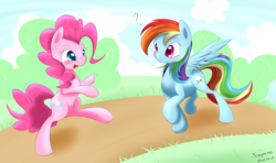 Size: 5080x3000 | Tagged: dead source, safe, artist:xcopyen002, imported from derpibooru, pinkie pie, rainbow dash, earth pony, pegasus, pony, bipedal, duo, duo female, female, question mark