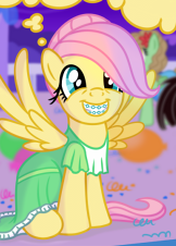 Size: 162x226 | Tagged: safe, artist:sorcerushorserus, imported from derpibooru, fluttershy, alternate hairstyle, braces, clothes, comic, cropped, dress