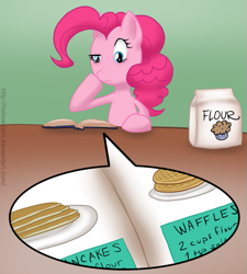 Size: 967x1074 | Tagged: safe, artist:hollowzero, imported from derpibooru, pinkie pie, book, flour, newbie artist training grounds, pancakes, waffle