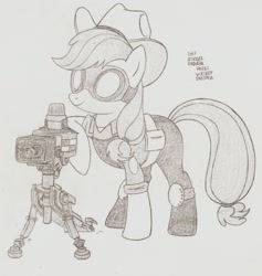 Size: 1115x1176 | Tagged: safe, artist:creamygravy, imported from derpibooru, applejack, pony, cosplay, crossover, engineer, female, monochrome, solo, team fortress 2, traditional art, turret