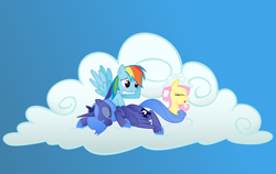 Size: 1900x1200 | Tagged: safe, artist:kurokaji11, imported from derpibooru, fluttershy, princess luna, rainbow dash, cloud, sleeping