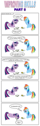 Size: 793x2436 | Tagged: safe, artist:bcrich40, imported from derpibooru, rainbow dash, twilight sparkle, pegasus, pony, unicorn, comic:improving skills, comic, crying, dialogue, female, hangover, improving skills, lesbian, mare, misspelling, shipping, simple background, sitting, teary eyes, twidash, unamused, white background