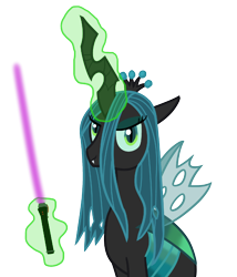 Size: 1350x1575 | Tagged: dead source, safe, artist:ericac78, imported from derpibooru, queen chrysalis, changeling, changeling queen, energy weapon, female, glowing horn, horn, levitation, lightsaber, magic, mare, simple background, solo, star wars, telekinesis, transparent background, weapon, wings