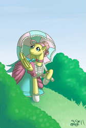 Size: 615x915 | Tagged: safe, artist:alipes, imported from derpibooru, fluttershy, pony, clothes, dress, female, solo, umbrella, victorian