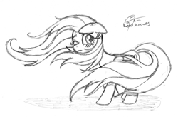 Size: 1796x1176 | Tagged: safe, artist:leadhooves, imported from derpibooru, fluttershy, pegasus, pony, female, floppy ears, folded wings, looking at you, looking back, looking back at you, mare, monochrome, one eye closed, pencil drawing, solo, standing, teary eyes, traditional art, windswept mane, wings