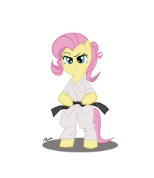 Size: 1300x1500 | Tagged: safe, artist:celine-artnsfw, imported from derpibooru, fluttershy, pony, badass, bipedal, black belt, clothes, costume, fearless, flutterbadass, gi, karate, martial arts, pants, robe, serious, serious face, trousers