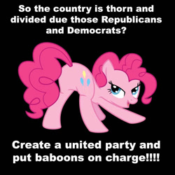 Size: 675x675 | Tagged: safe, imported from derpibooru, pinkie pie, baboons, bedroom eyes, butt, plot, politics