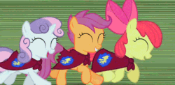 Size: 734x357 | Tagged: safe, imported from derpibooru, screencap, apple bloom, scootaloo, sweetie belle, season 1, stare master, adorabloom, animated, cute, cutealoo, cutie mark crusaders, diasweetes, eyes closed, female, gotta go fast, happy, open mouth, running, smiling, speed lines, talking
