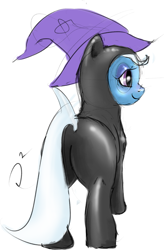 Size: 589x900 | Tagged: safe, artist:doppelgangsta, imported from derpibooru, trixie, pony, butt, female, latex, latex suit, mare, missing horn, plot, rear view, simple background, solo, white background