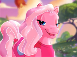 Size: 640x473 | Tagged: safe, imported from derpibooru, screencap, pinkie pie, pinkie pie (g3), pony, bedroom eyes, commercial, cute, female, g3, g3 diapinkes, g3betes, lidded eyes, mare, open mouth, rainbow, tree