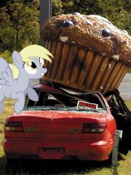 Size: 289x386 | Tagged: safe, artist:akrex, imported from derpibooru, derpy hooves, pegasus, pony, car, female, giant muffin, mare, muffin, ponies in real life