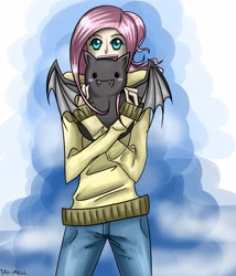 Size: 3300x3849 | Tagged: safe, artist:tao-mell, imported from derpibooru, fluttershy, bat, clothes, duo, high res, humanized, sweater, sweatershy