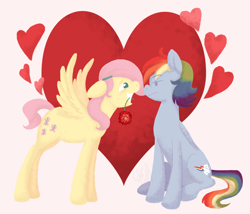 Size: 1110x949 | Tagged: dead source, safe, artist:cartoonlion, imported from derpibooru, fluttershy, rainbow dash, female, filly, flower, flutterdash, heart, lesbian, shipping