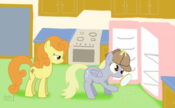 Size: 1440x895 | Tagged: safe, artist:phallen1, imported from derpibooru, carrot top, derpy hooves, golden harvest, pegasus, pony, detective, female, i emptied your fridge, mare