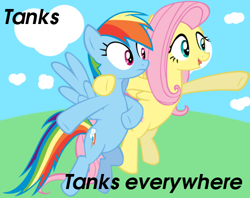 Size: 500x396 | Tagged: safe, imported from derpibooru, fluttershy, rainbow dash, tank, duo, exploitable meme, meme, meta, tank (vehicle), x x everywhere