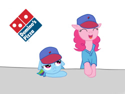 Size: 600x450 | Tagged: artist needed, source needed, safe, imported from derpibooru, pinkie pie, rainbow dash, clothes, crossover, domino's, domino's pizza, dominos, duo, duo female, fast food, female, food, hat, parody, pizza, scrubbing bubbles, uniform, waitress, working