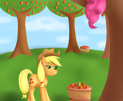 Size: 1650x1350 | Tagged: safe, artist:srk-ares, imported from derpibooru, applejack, pinkie pie, hilarious in hindsight, pear, that pony sure does hate pears